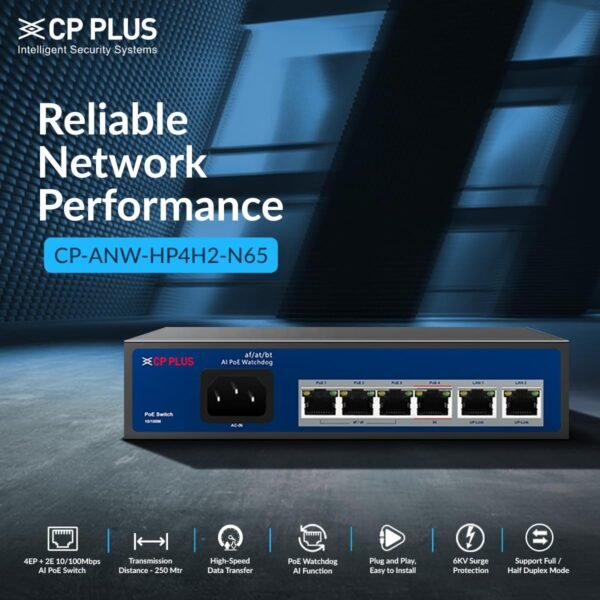 CP Plus CP-ANW-HP4H2-N65 4-Port AI PoE Switch